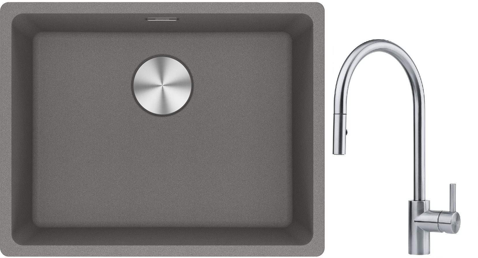 Franke Maris MRG 110-52 zlewozmywak 55x43 cm Fragranite kamienny szary z baterią kuchenną Eos stal szlachetna (1250687254, 1150590045)