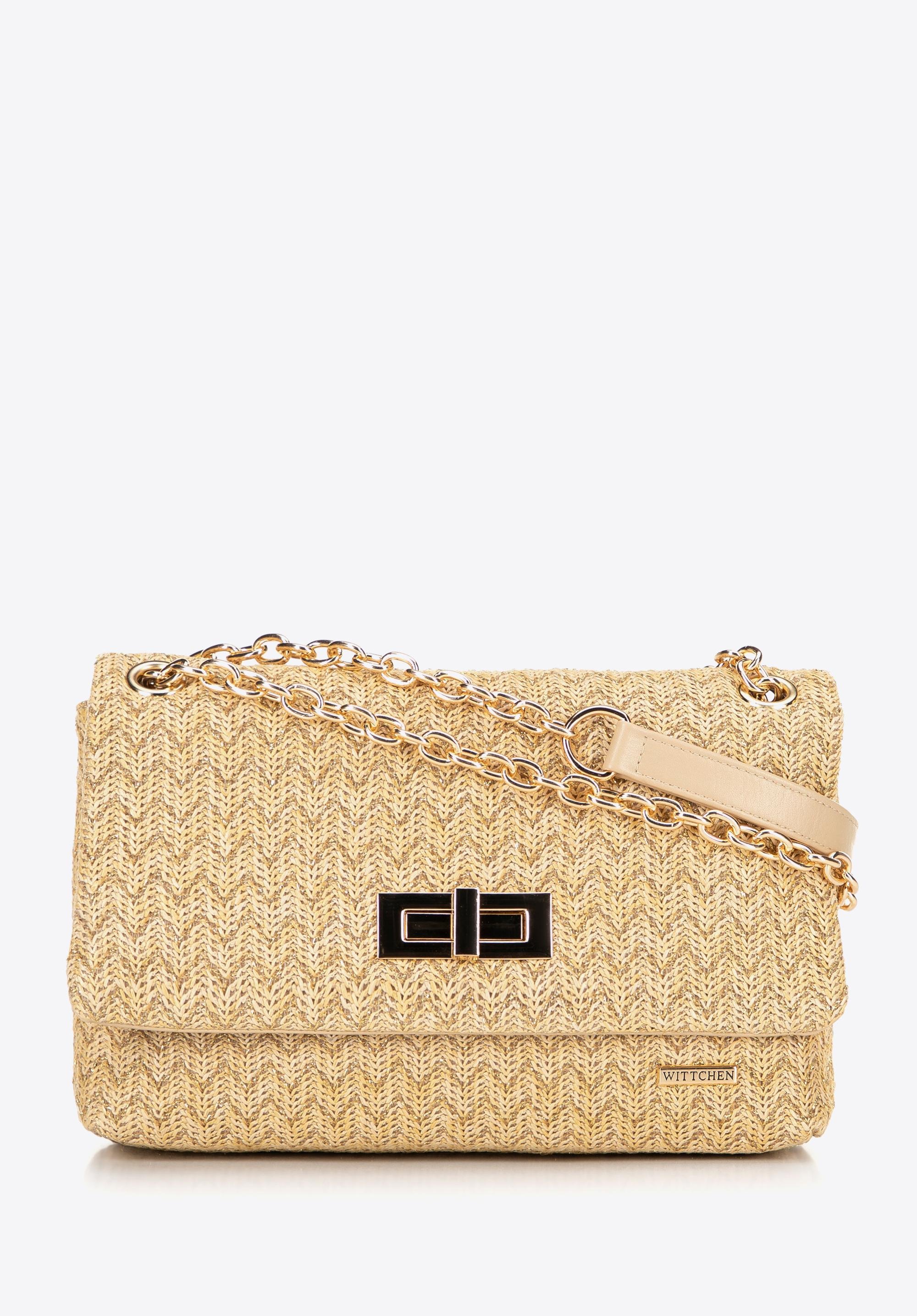 Damska crossbody z plecionki na łańcuszku beżowo - złota