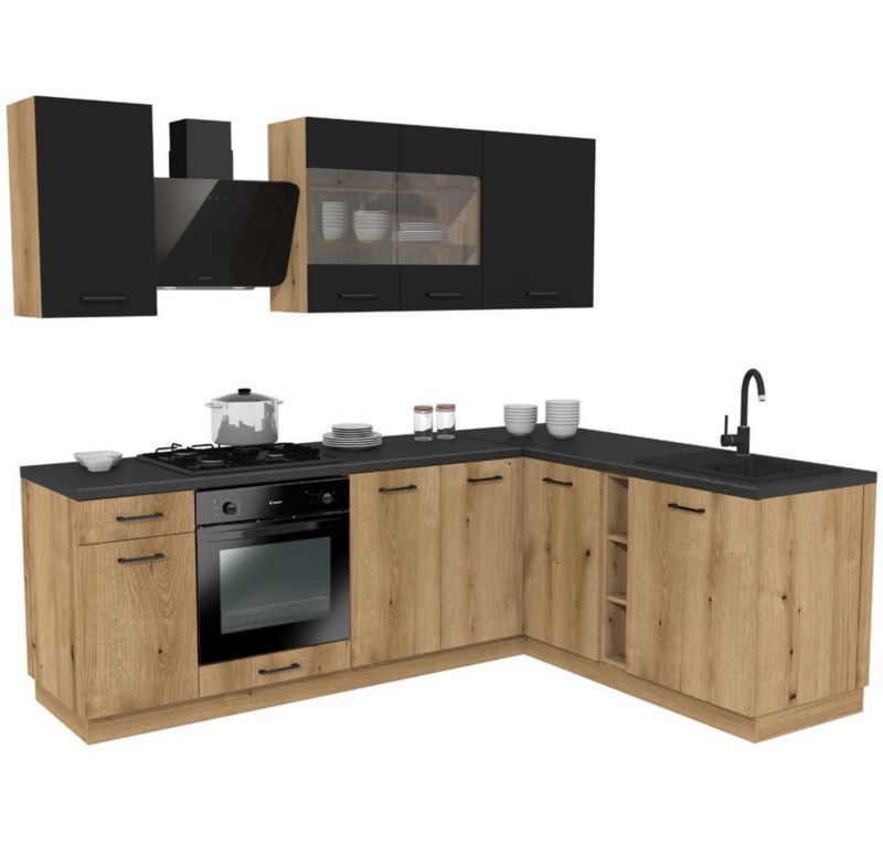 Meble kuchenne zestaw Topeshop Vario Z4 czarny/Evoke blat District bez AGD 240x180 cm 1 szt