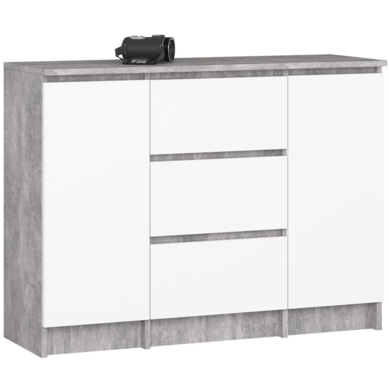 Komoda AKORD K100 kolor Beton, Biały mat 101 cm 2 drzwi 3 szuflady 4 półki 101x35x76 cm 1 szt.