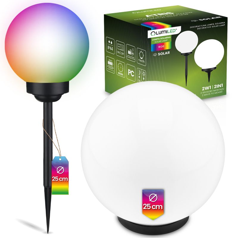 Lampa Solarna Lumiled Ogrodowa LED Wbijana Naziemna Biała Kula 25cm RGB 1 szt.