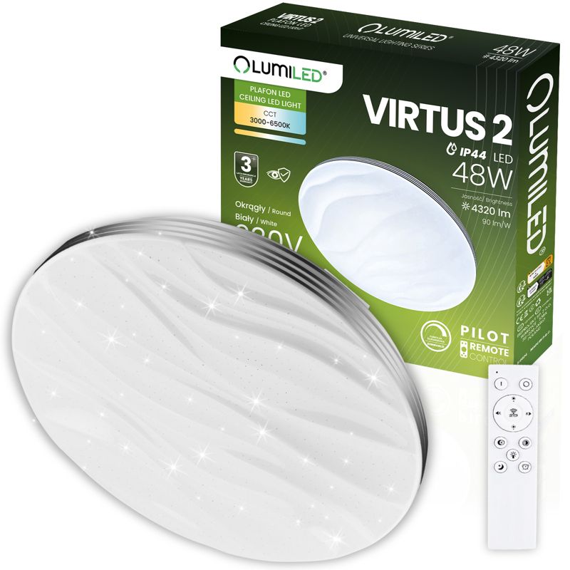 Plafon LED Lumiled Lampa Sufitowa Natynkowa 48W IP44 CCT Biały Okrągły 38cm z Pilotem 1 szt.