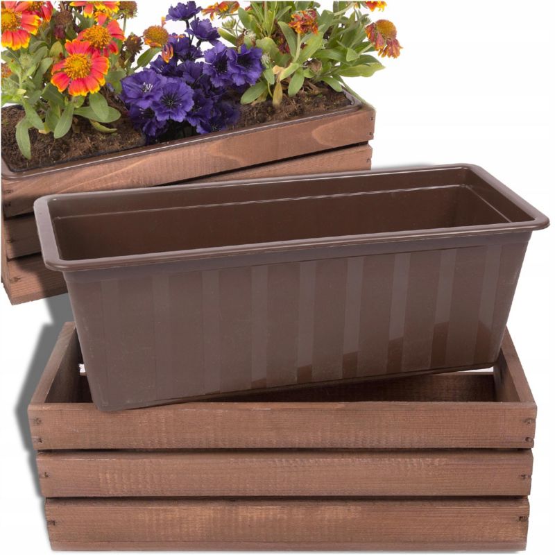 Skrzynka drewniana Eco Deco 40 cm brązowa plastikowy wkład na balkon 1 szt.