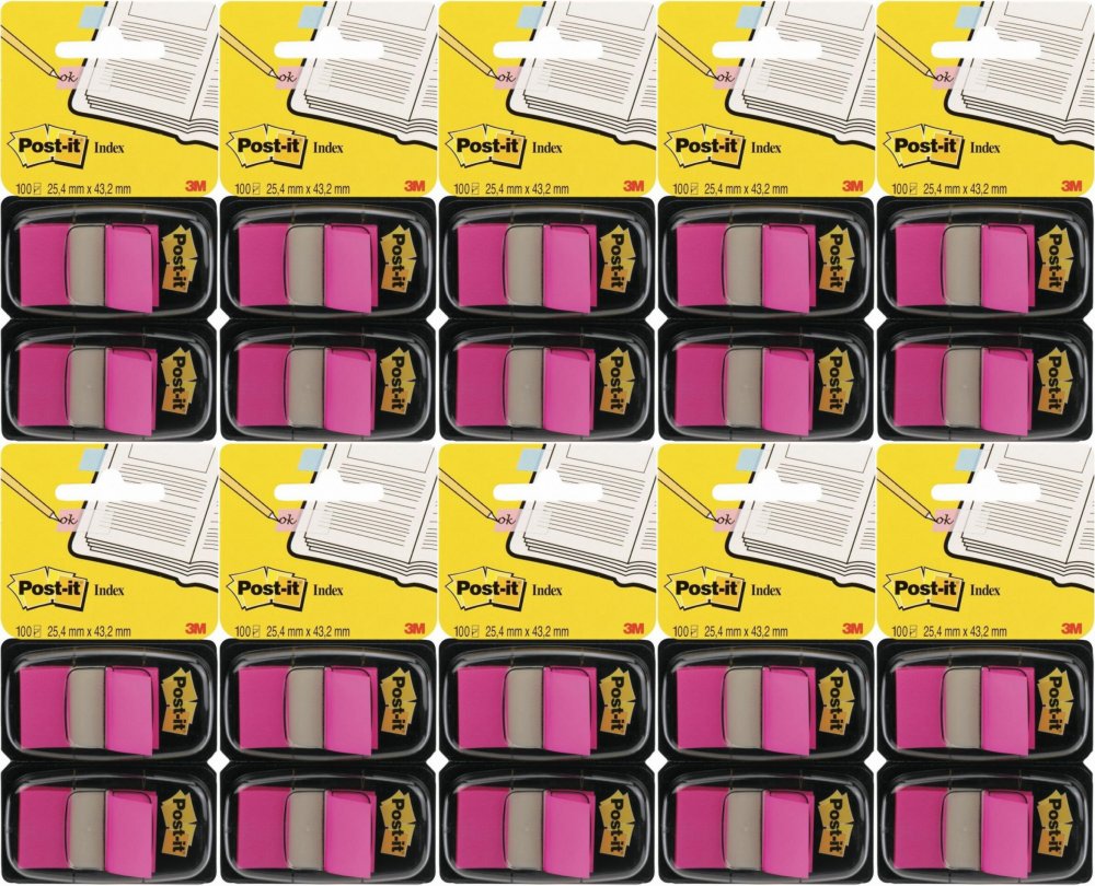 10x Zakładki samoprzylepne Post-it (680-BP2EU), proste, indeksujące, folia, pótransparentne, 25.4x43.2mm, 2x50 sztuk, jaskrawy różowy