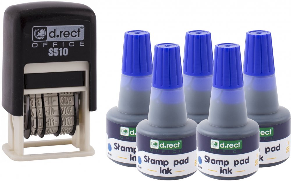 Zestaw: Datownik D.Rect S510, wersja cyfrowa + 5x Tusz do stempli D.Rect, 30ml, niebieski