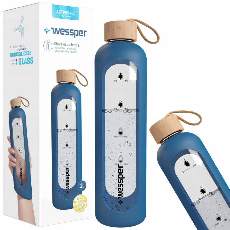 Butelka na wodę, Wessper, szklana, motywacyjna, z miarką, 1L + etui silikonowe, niebieski, 1szt