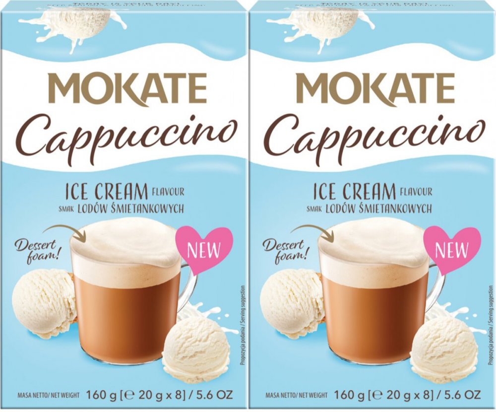 2x Kawa rozpuszczalna w saszetkach Mokate Cappuccino Ice Cream, lody śmietankowe, 8 sztuk x 20g