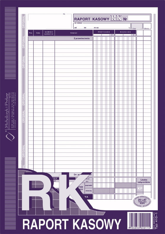 Druk akcydensowy Raport kasowy MiP 410-1, A4, 1 kopia, 80k