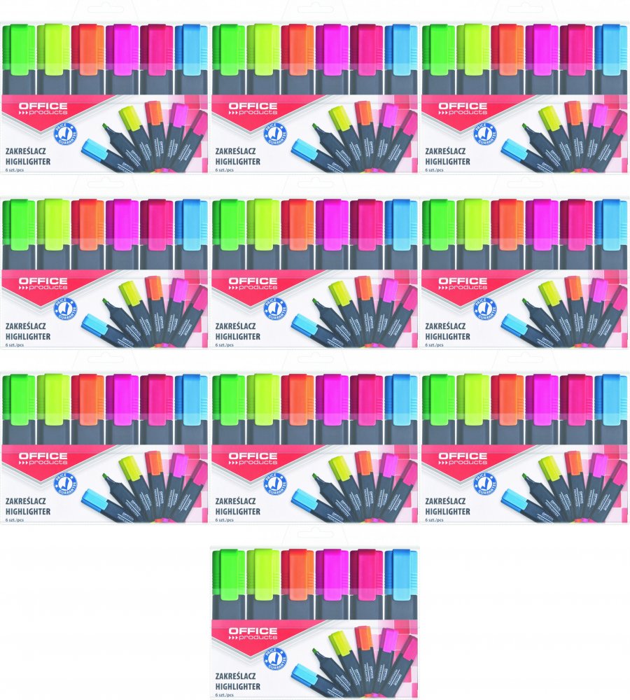 10x Zakreślacz Office Products, ścięta, 6 sztuk, mix kolorów fluorescencyjnych