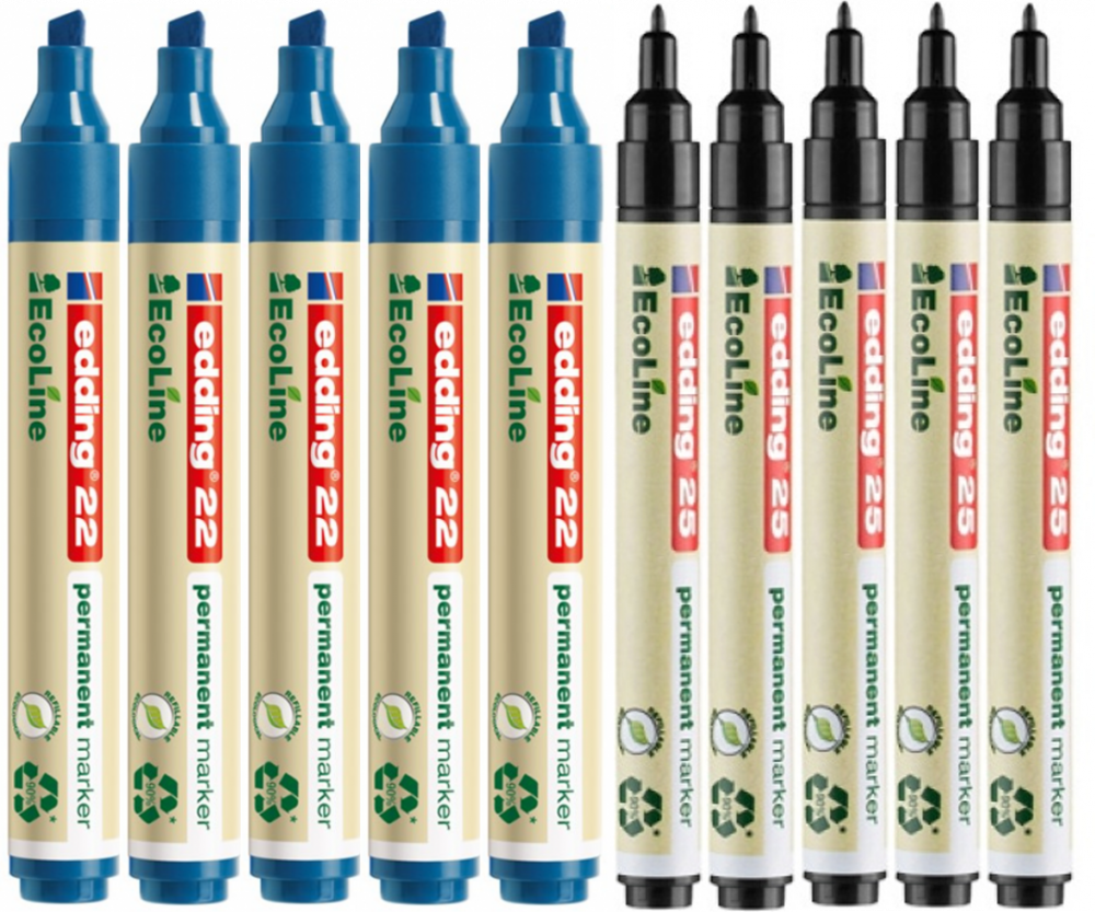 Zestaw: 5x Marker permanentny edding ecoline 25, 1mm, czarny + 5x Marker permanentny edding 22 EcoLine, ścięta, 1-5mm, niebieski