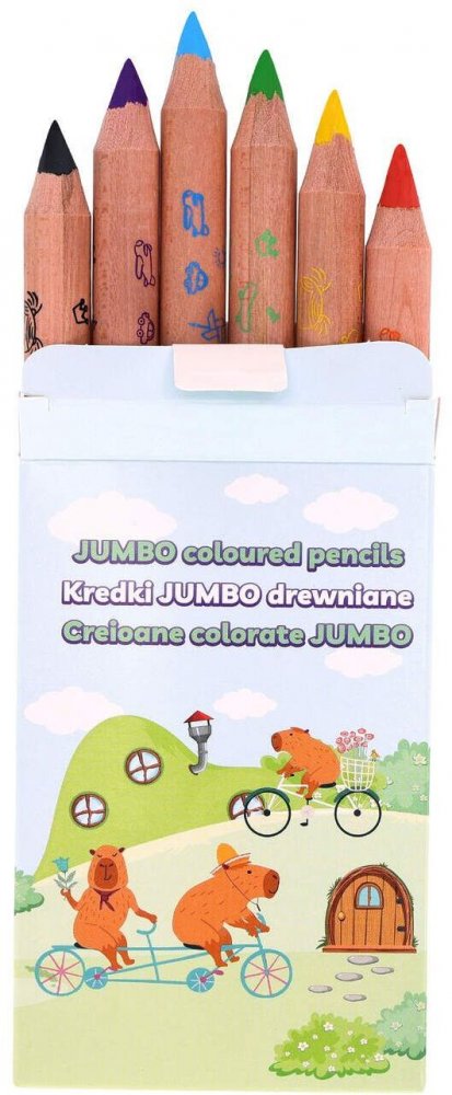 Kredki ołówkowe Strigo Jumbo Capybara, 6 sztuk, mix kolorów + temperówka