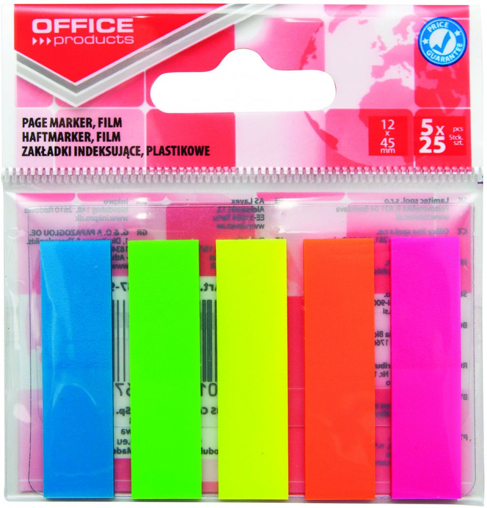 Zakładki samoprzylepne Office Products, proste, indeksujące, folia PP, 12x45mm, 5x25 sztuk, mix kolorów
