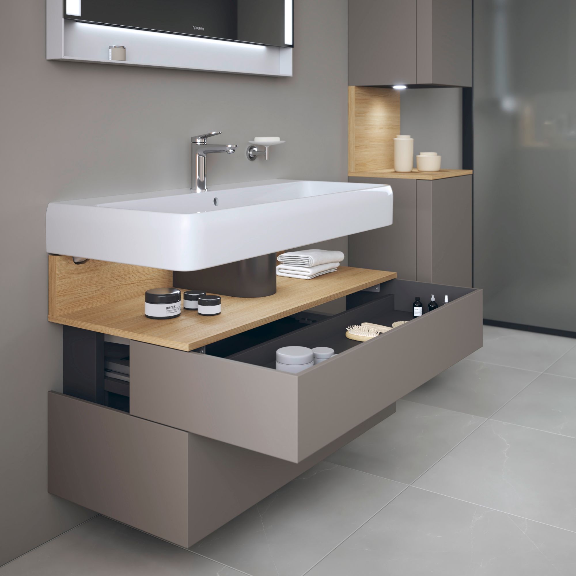 Duravit Qatego szafka 100 cm podumywalkowa wisząca bazalt mat/dąb QA4395030430010