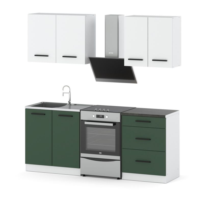 Zestaw Kuchenny Hurtownia-Mebli Z Blatem Kuchnia Mini Mokka 200cm Biały Mat Biały Mat/Butelkowa Zieleń 200x47x145 cm 1szt.