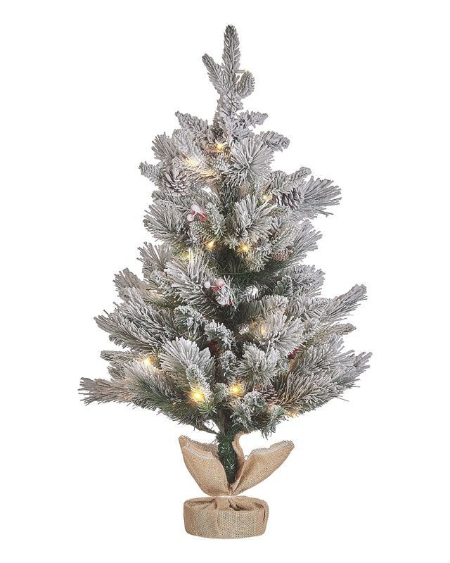 Ośnieżona sztuczna choinka ze światełkami w jutowym worku 90 cm zielona Maligne 1 szt.