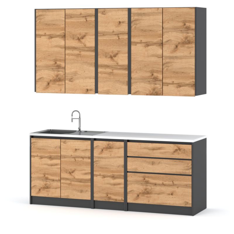 Zestaw Kuchenny Hurtownia-Mebli Z Blatem Kuchnia Bella Mini 200cm Szary Mat Dąb Wotan 200x47x185 cm 1szt.