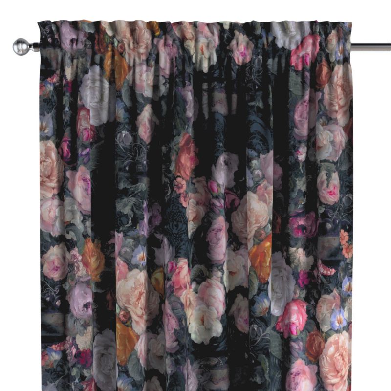 Zasłona na kanale z grzywką 1 szt. 130 x 260 cm Dekoria wielobarwne kwiaty na ciemnym tle 1 szt.
