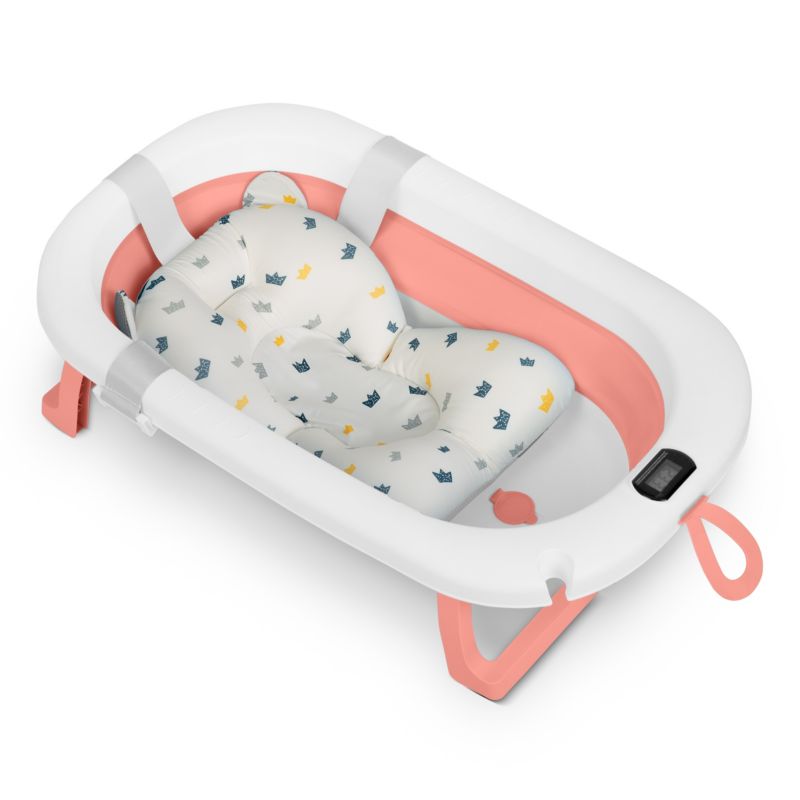 Wanienka dla niemowląt Ricokids składana silikonowa z poduszką termometrem LCD biało-różowa 1 szt.