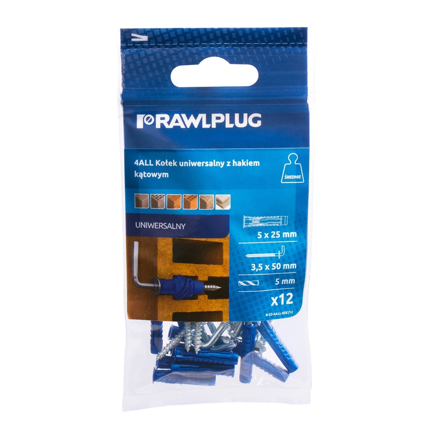 Rawlplug Kołek 4All uniwersalny 5x25mm hak kątowy 12szt.