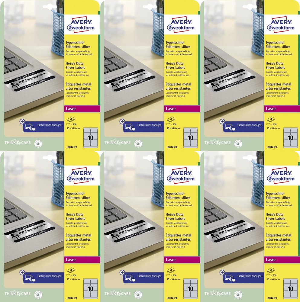 6x Etykiety znamionowe Avery Zweckform, 96x50.8 mm, 20 arkuszy, srebrny