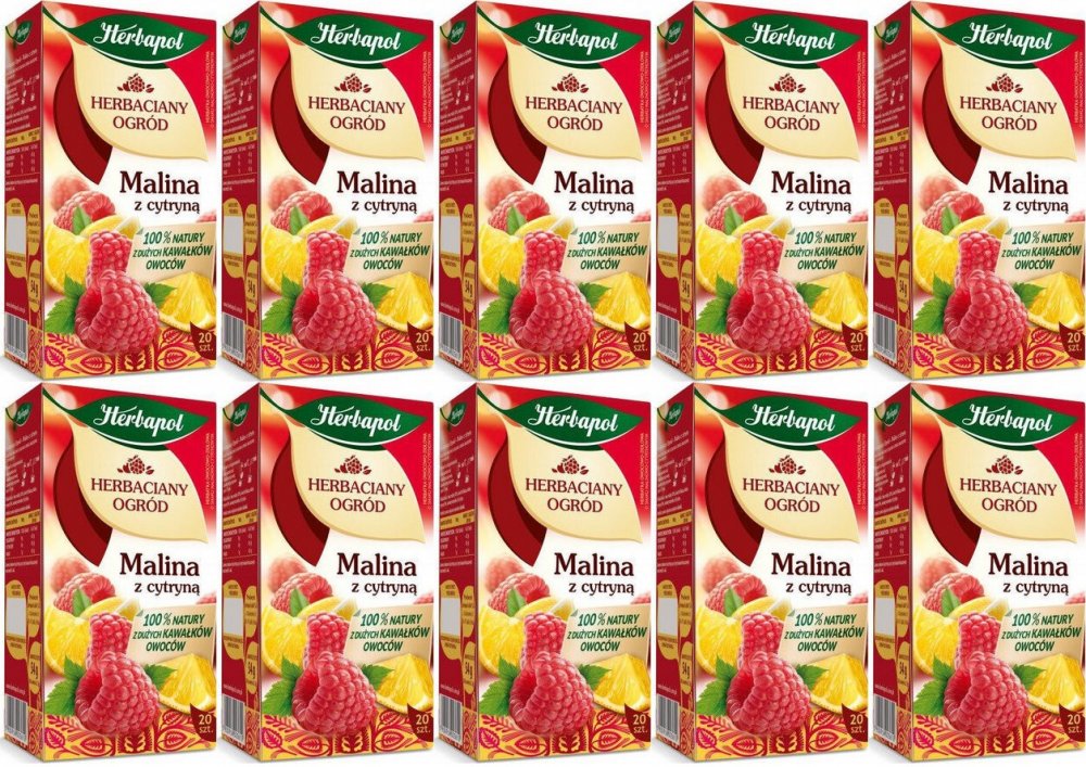 10x Herbata owocowa w torebkach Herbapol Herbaciany Ogród, malina z cytryną, 20 sztuk x 2,7g