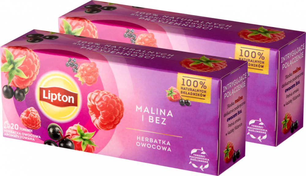 2x Herbata owocowa w torebkach Lipton, malina i bez, 20 sztuk x 1.6g