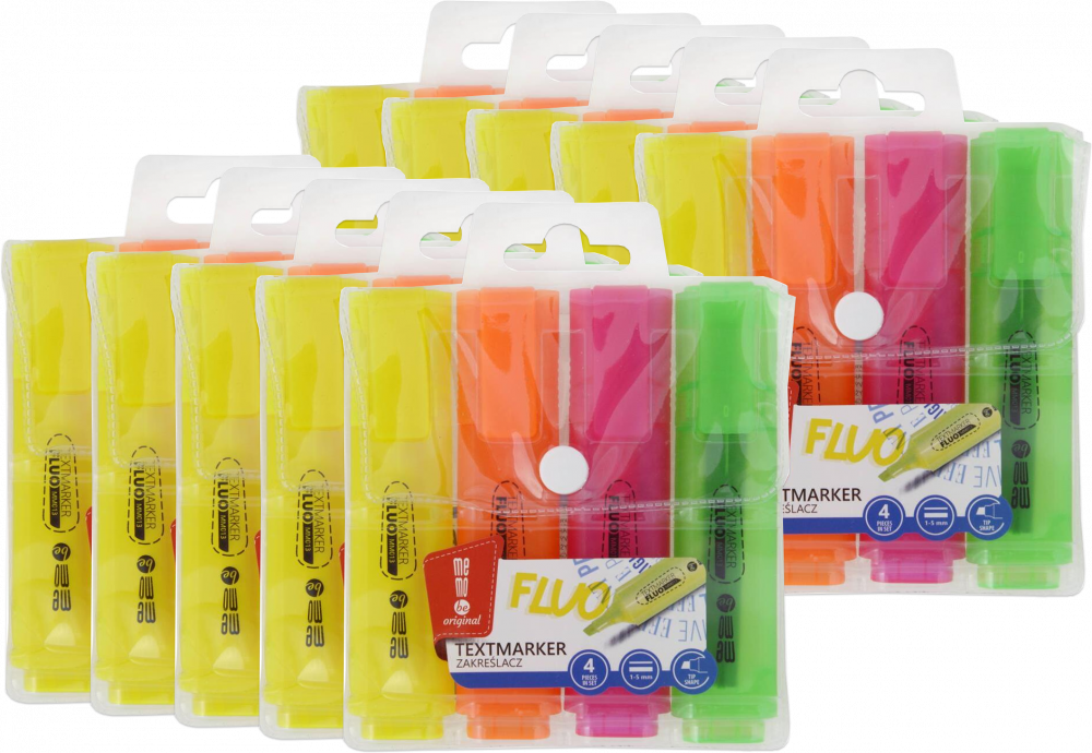 10x Zakreślacz MemoBe, ścięta, w etui, 4 sztuki, mix kolorów neonowych