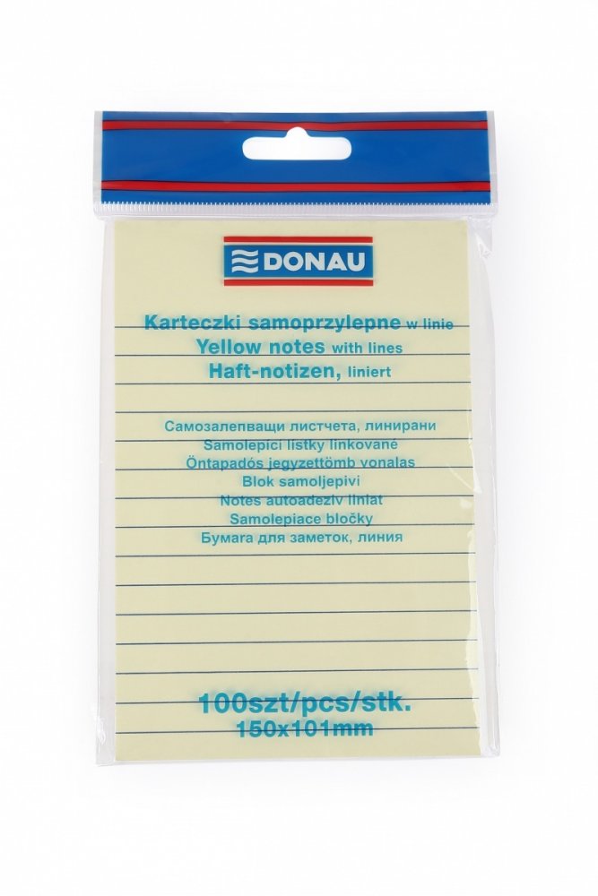 Karteczki samoprzylepne w linie Donau, 101x150mm, 100 karteczek, żółty pastelowy