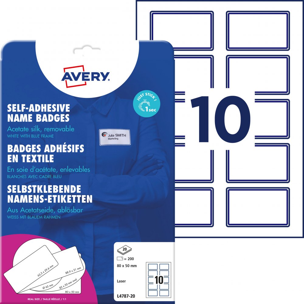 Identyfikator Avery Zweckform, samoprzylepny, 80x50mm, 20 arkuszy, biały z niebieskim obramowaniem