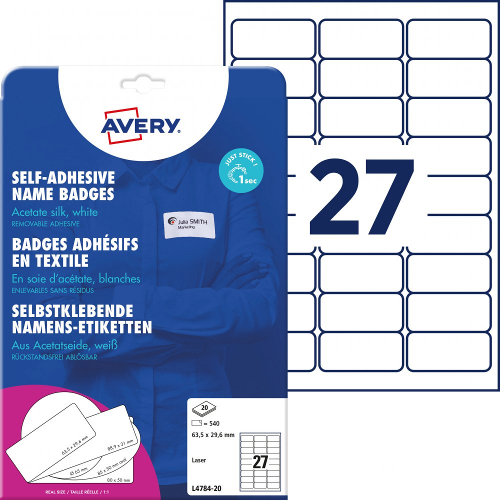 Identyfikator samoprzylepny Avery Zweckform, 63.5x29.6mm, sztuczny jedwab, 20 arkuszy, biały