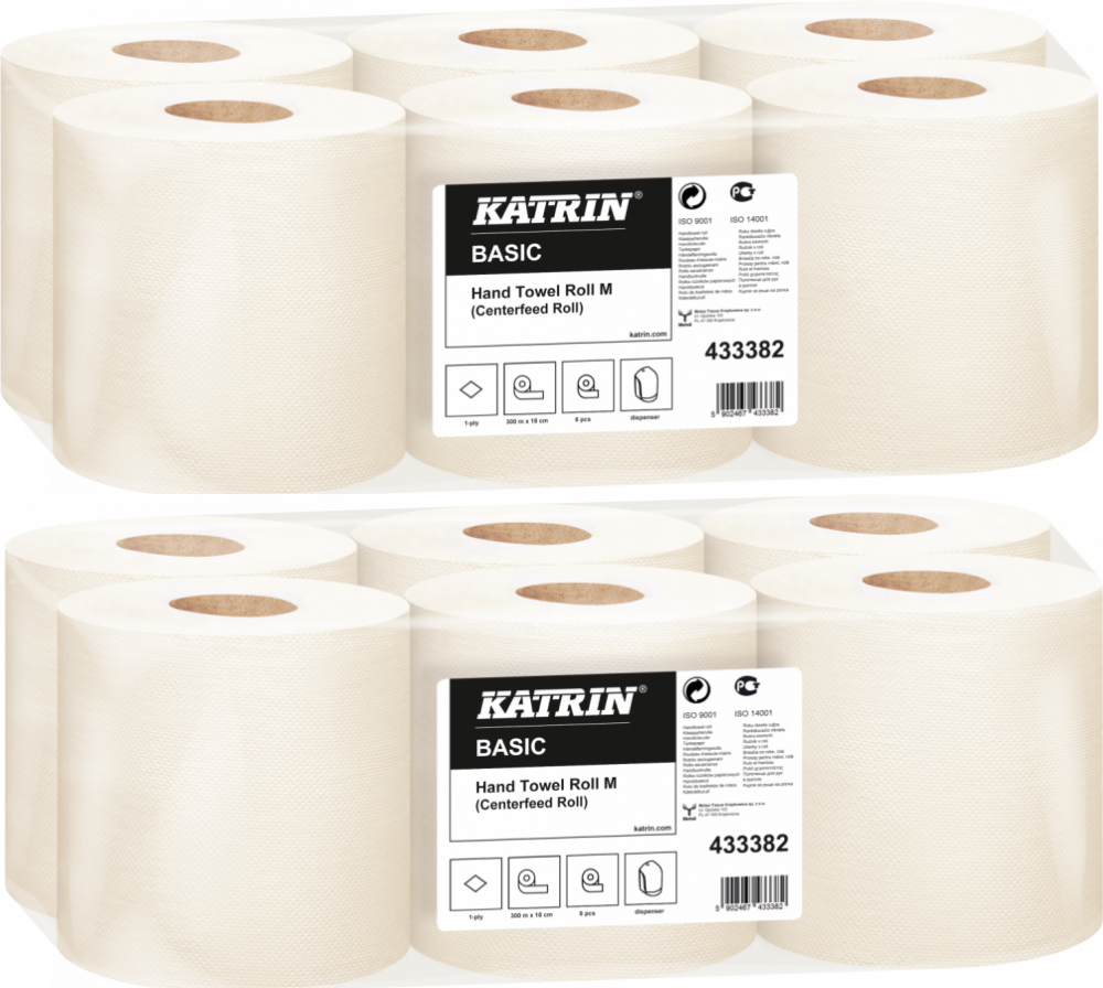 2x ręcznik papierowy Basic M Katrin, 1-warstwowy, w roli, 6x300m, 6 rolek, biały