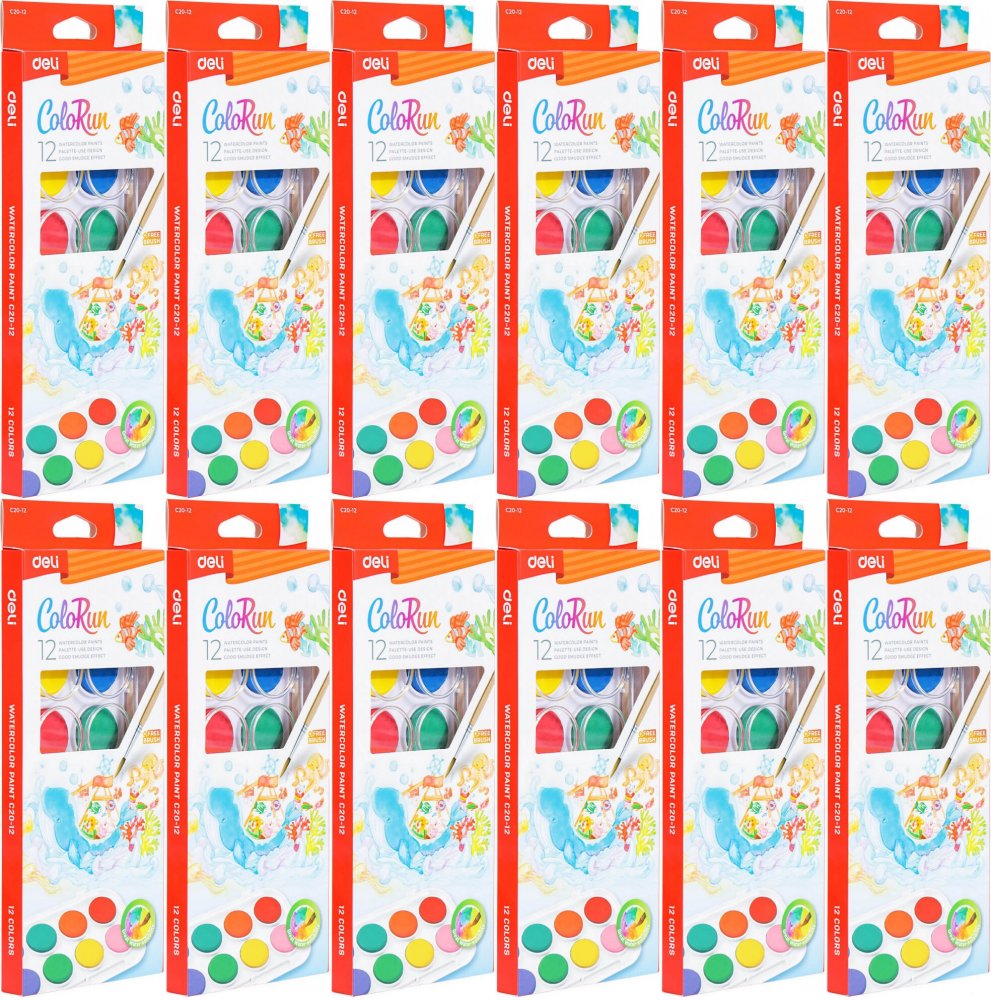 12x Farby akwarelowe Deli Colorun EC20 z pędzelkiem, 12 sztuk, mix kolorów