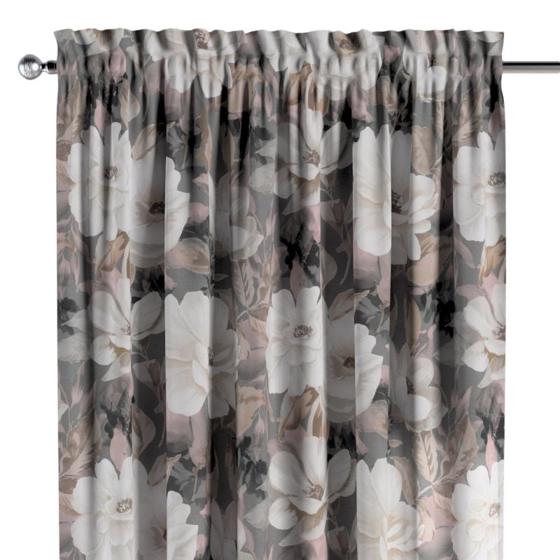 Zasłona na kanale z grzywką 1 szt. 130 x 245 cm Dekoria kremowe i różowe kwiaty na szarym tle 1 szt.