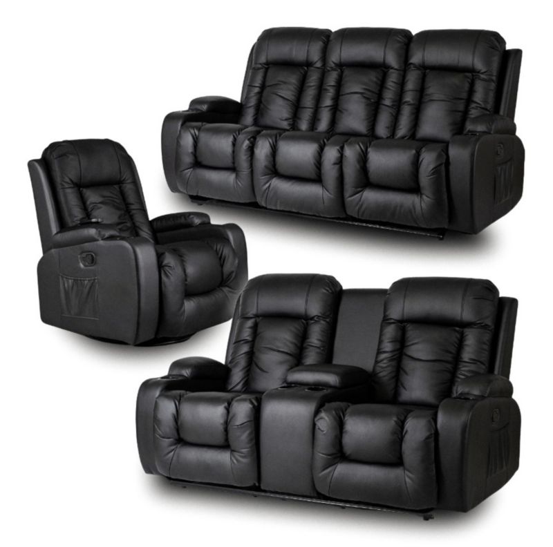 Zestaw Wypoczynkowy Mebel Elite Sofa i 2 Fotele Ekoskóra Czarny 1 kpl