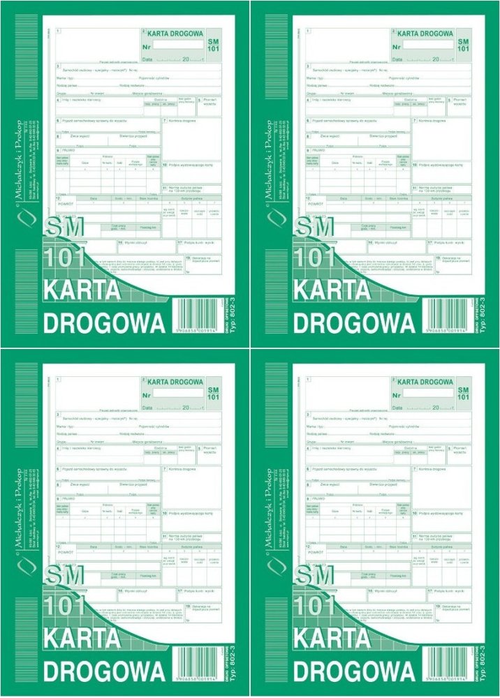 4x Druk akcydensowy Karta Drogowa samochód osobowy MiP 802-3, A5, 80k