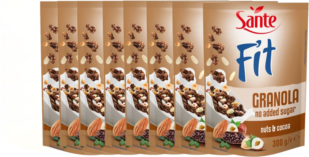 8x Granola Sante Fit, orzechy/kakao, bez cukru, 300g