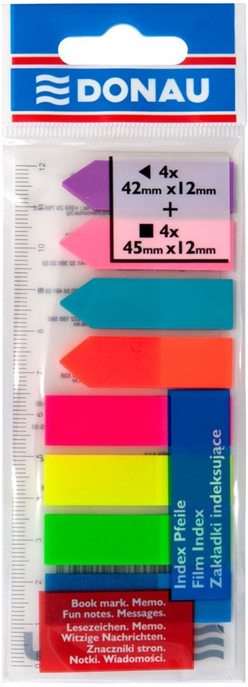 Zakładki samoprzylepne Donau proste/strzałki, indeksujące, folia, transparentne, 12x45mm/12x42mm, 4x25/4x25 sztuk, mix kolorów neonowych