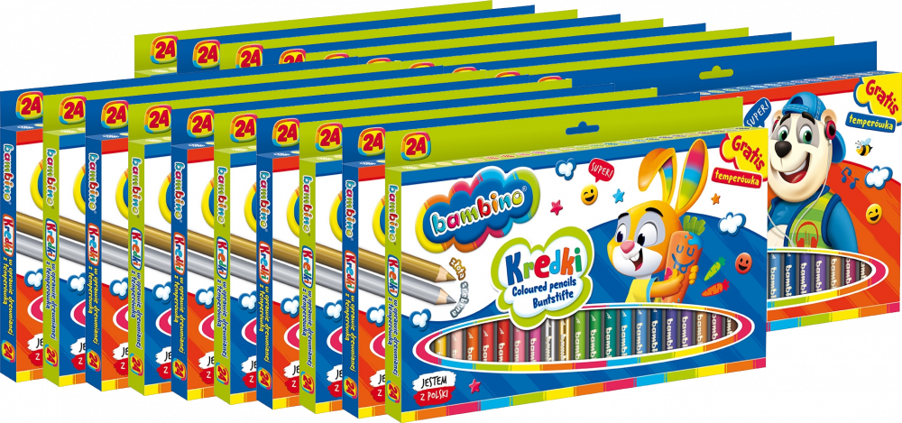20x Kredki Bambino Zwierzaki Uczniaki, w oprawie drewnianej, 24 sztuki + temperówka, mix kolorów