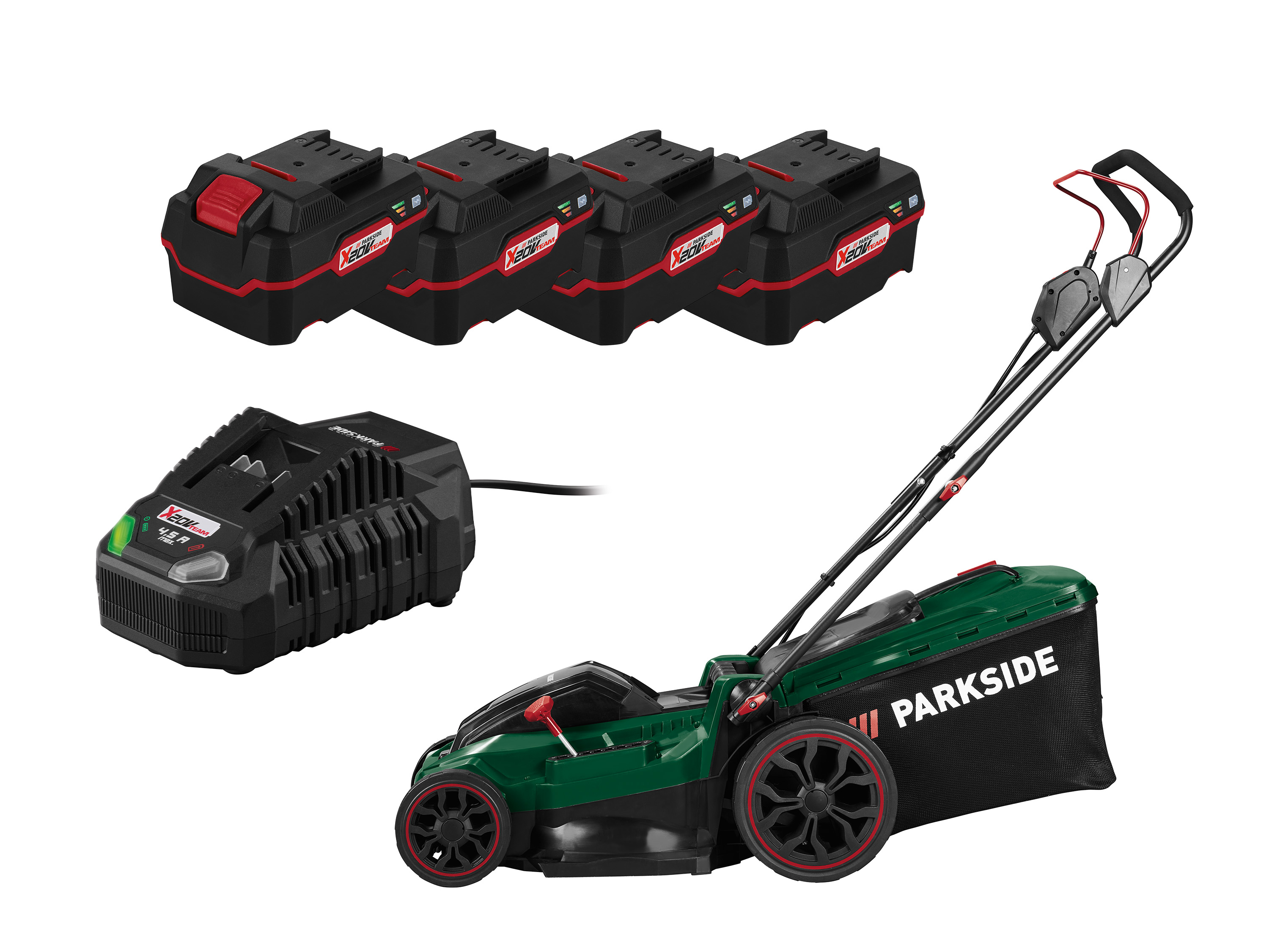 Parkside Zestaw Akumulatorowa kosiarka 40 V z 4 akumulatorami Smart 4 Ah i ładowarką 4,5 A