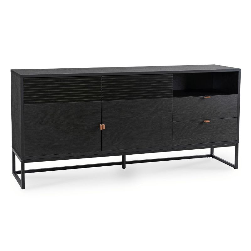 Komoda Como 160 cm Mebel Elite Dwudrzwiowa z Szufladami Ryflowana Czarna 1 szt