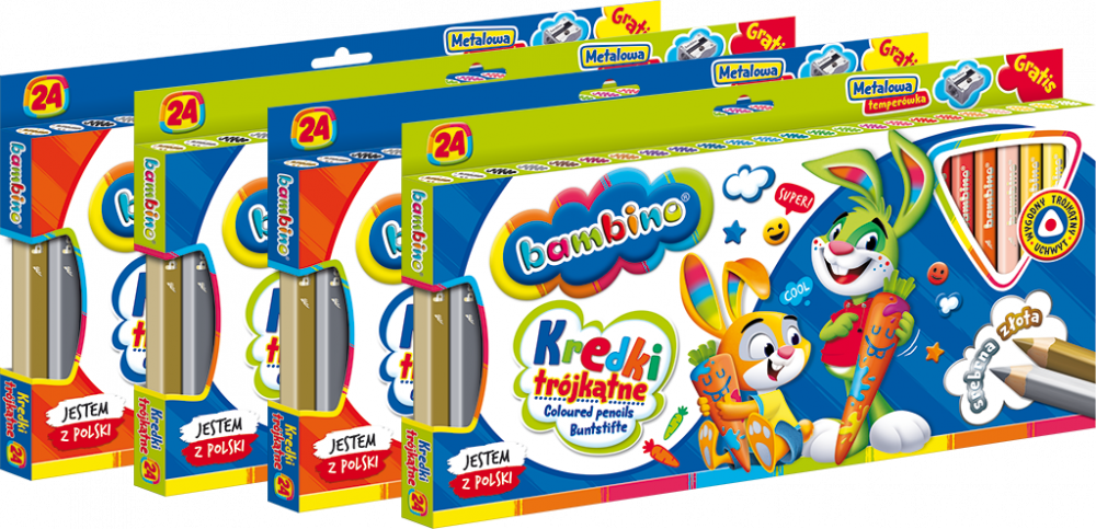 4x Kredki Bambino Zwierzaki Uczniaki, w oprawie drewnianej, trójkątne, 24 sztuki + temperówka, mix kolorów