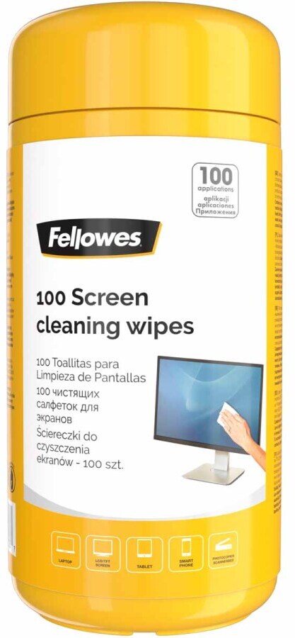 Chusteczki nawilżone do czyszczenia ekranu Fellowes, tuba, 100 sztuk