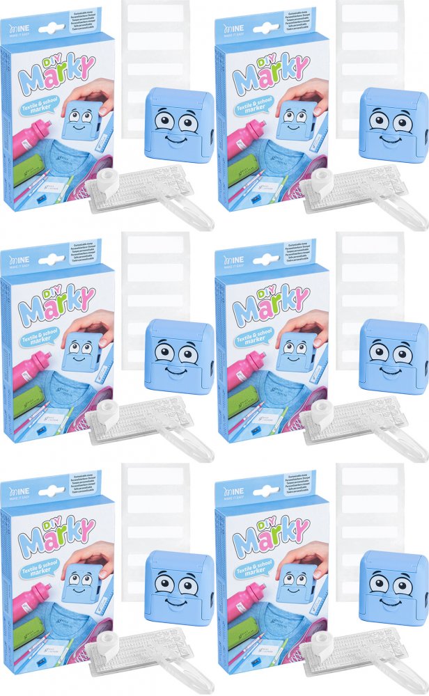 6x Pieczątka do ubrań Colop DIY MARKY 20, obudowa niebieska, wkład czarny