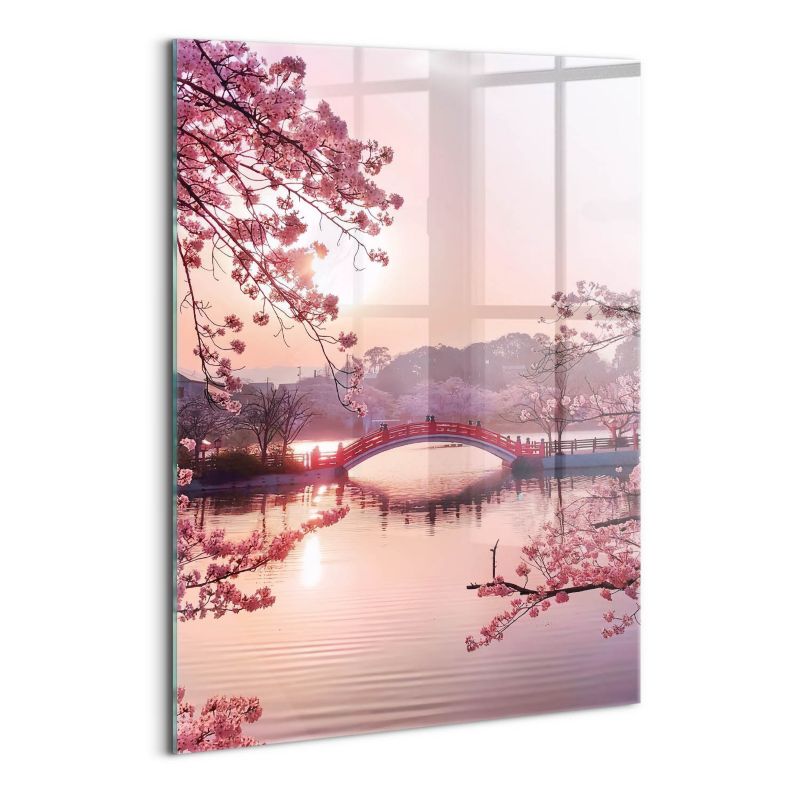 Szklany Obraz Ścienny Wallfluent 70x100 cm Kwiaty wiśni i most - styl japoński 1 szt.