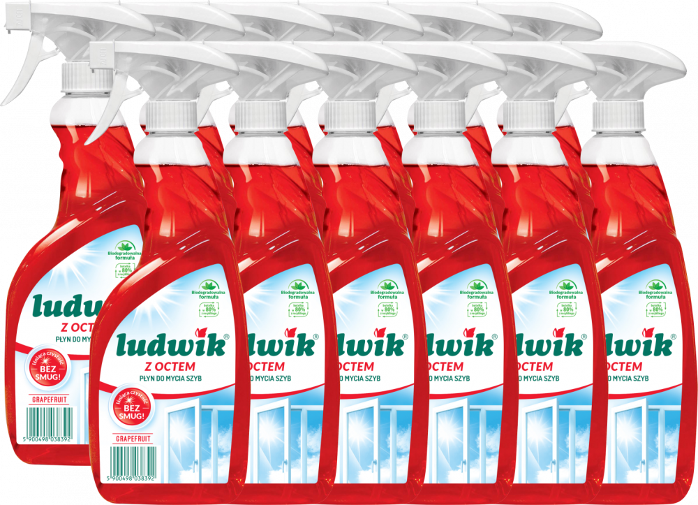 12x Płyn do mycia szyb i glazury Ludwik, z rozpylaczem, grapefruit z octem, 600ml