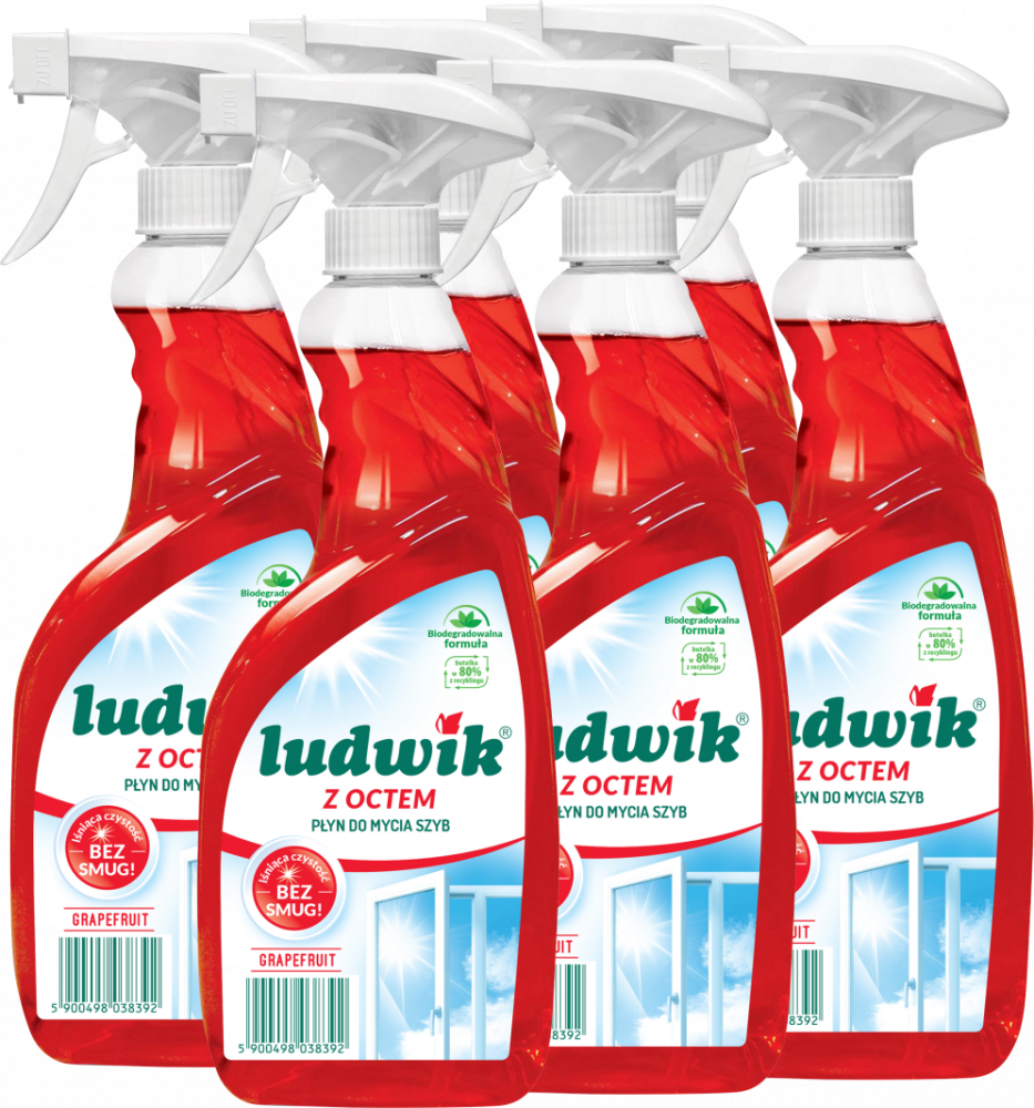 6x Płyn do mycia szyb i glazury Ludwik, z rozpylaczem, grapefruit z octem, 600ml