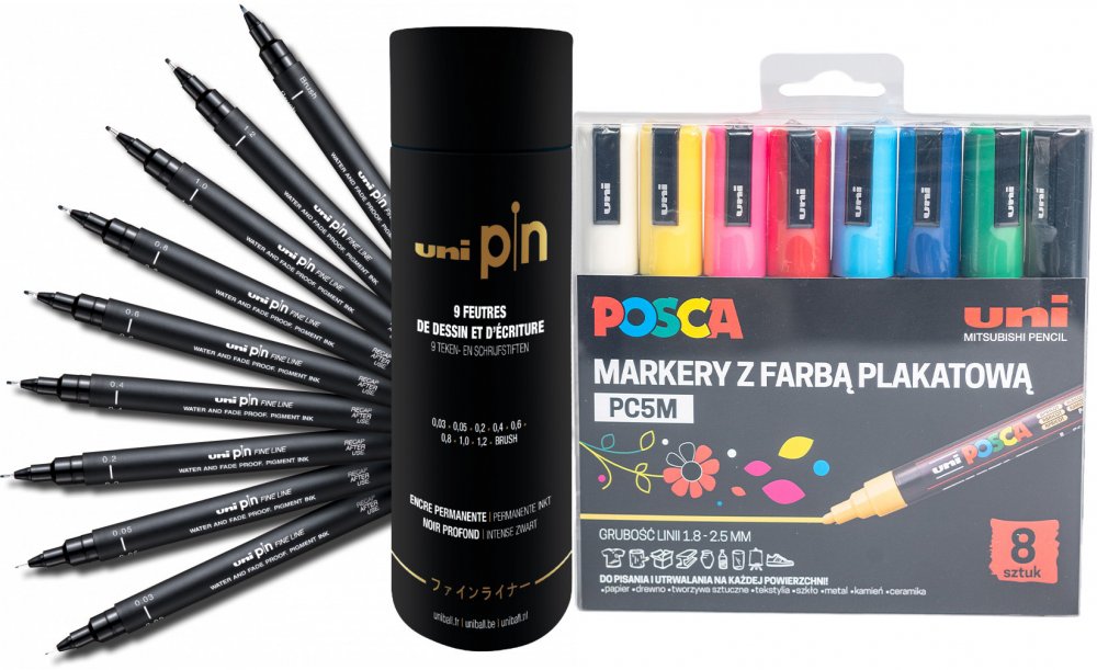 Zestaw: Marker Posca PC-5M, z farbą plakatową, okrągła, 8 sztuk, mix kolorów jasnych + Cienkopis kreślarski Uni PIN-200, tuba, 9 sztuk, czarny