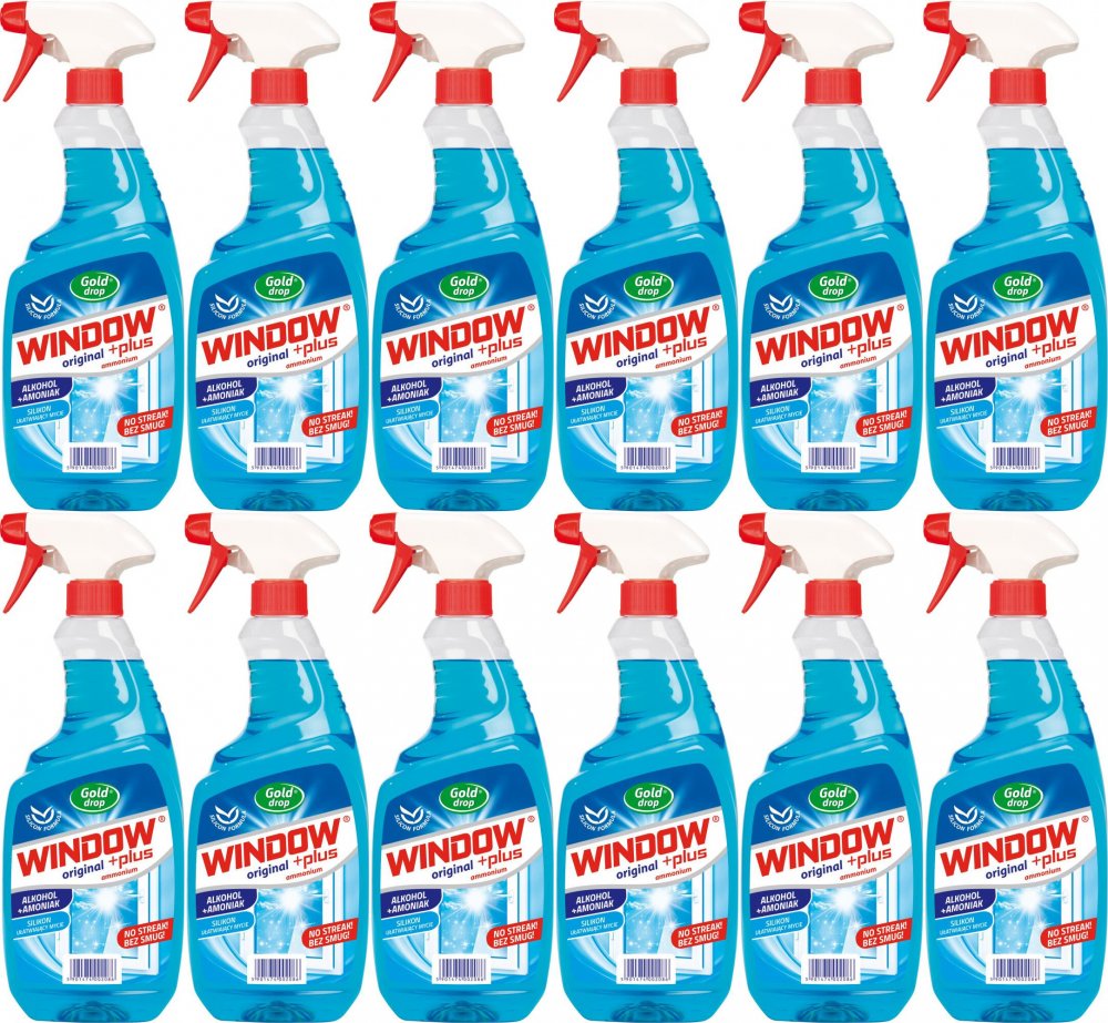 12x Płyn do mycia szyb Window Plus Gold Drop, z amoniakiem, z rozpylaczem, 750ml