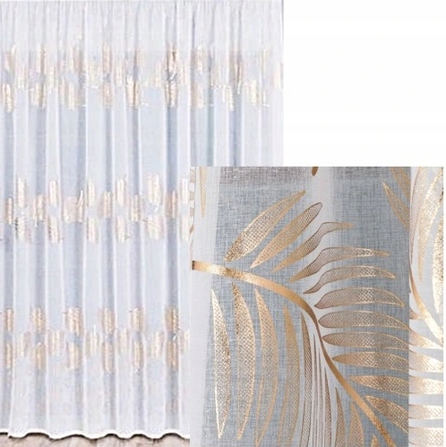 MARIETTA Firana gotowa na taśmie złote liście wys 265x800 cm etamina batyst