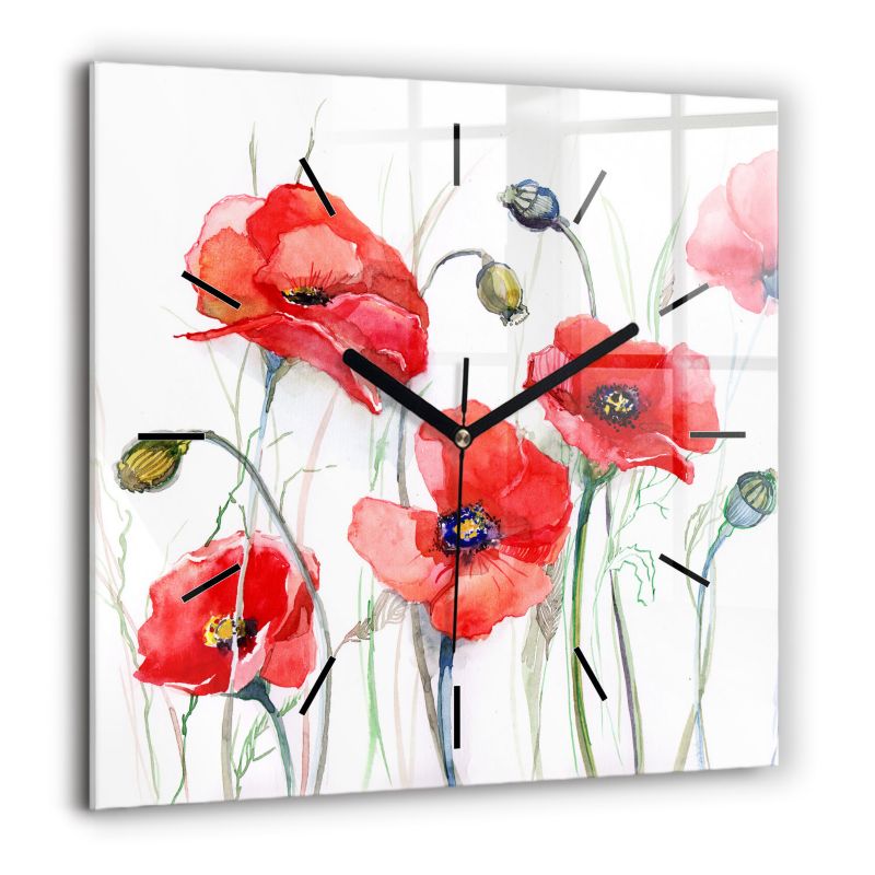Zegar szklany czarne wskazówki Wallfluent 60x60 cm Malowane czerwone maki 1 szt.